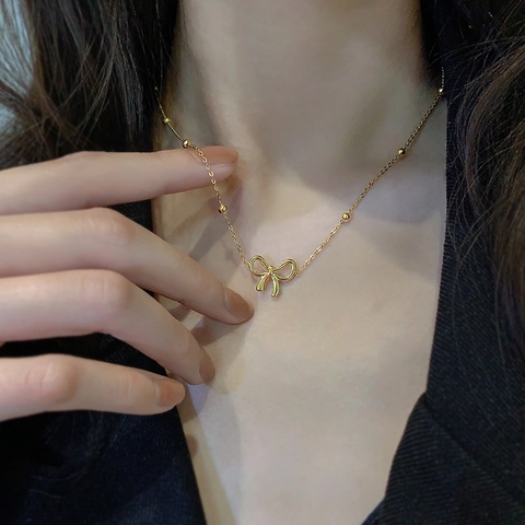 Elegant Bowknot Stainless Steel Gold Plated Necklace And Stud Earrings For Women Minimalist Dainty Fashion Jewelry