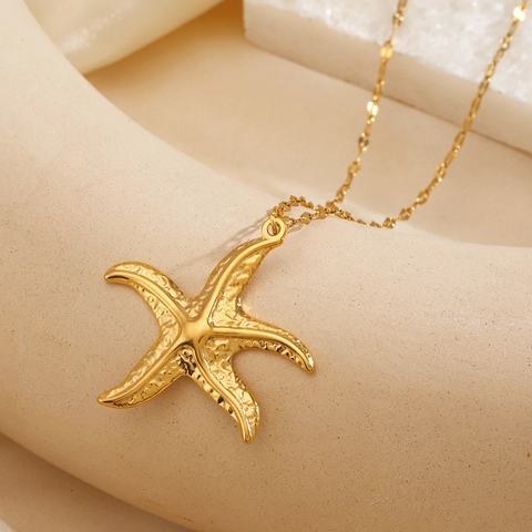 Starfisch Anhänger Halskette Edelstahl Hammerschlag Textur Gold Vakuum Beschichtung Strand Urlaub Sommer Schmuck Damen