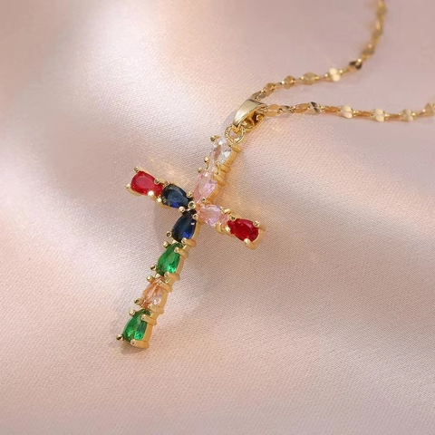 Elegant Stainless Steel Cross Pendant Necklace For Women Colorful Zirconia Inlaid Gold Plated Fashion Jewelry Accessories Gift
