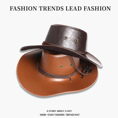 Western Cowboy Hat Retro PU Leather Wide Brim For Men Women Outdoor Sun Protection Breathable Adjustable Wind String Vintage