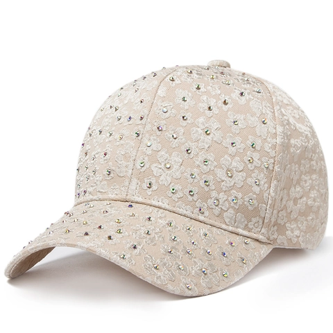 Gorra De Béisbol Para Mujer Con Bordado Floral De Encaje Y Diamantes De Imitación Sombrero De Sol Ajustable Casual Moda