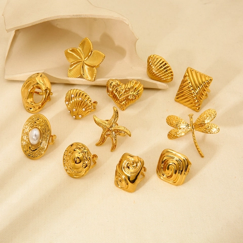 18K Gold Plated Stainless Steel Open Ring For Women Vintage Shell Dragonfly Flower Starfish Geometric Heart Artificial Pearl Waterproof Jewelry
