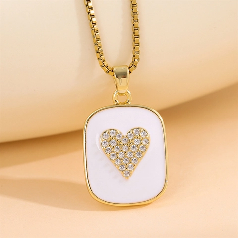 Stainless Steel Heart Pendant Necklace Square Enamel Rhinestone Clavicle Chain Korean Fashion Jewelry For Women