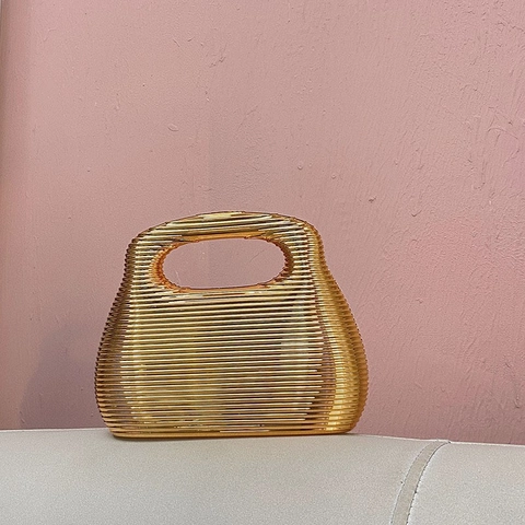 Borsa Clutch In Acrilico Righe Orizzontali Manico Integrato Lustro Metallico Borsa Da Sera Per Donna