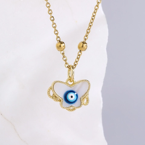 Collana Con Ciondolo A Farfalla E Malocchio Rame Placcato Oro 18K Smalto Zircone Gioielli Da Donna