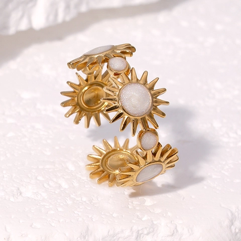 Sun Flower Open Ring Stainless Steel 18K Gold Plated Enamel Sunburst Adjustable Bohemian Jewelry For Women