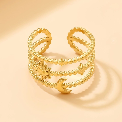 Anello Aperto in Acciaio Inossidabile Sole Luna Stella per Donna Vintage Multistrato Regolabile con Perline Gioielli Regalo