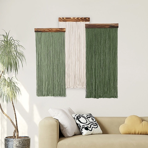 Macrame Wandbehang Handgefertigter Baumwollteppich Mit Holzstange Boho Nordische Lange Quasten Fransen Dekor Für Wohnzimmer