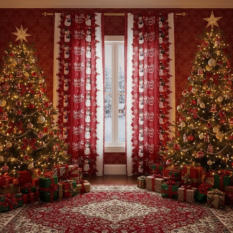 Christmas Curtains Polyester Printed Blackout Holiday Window Drapes Winter Snowman Pattern Home Decor