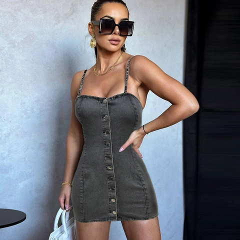 Washed Grey Elastisches Denim Mini Kleid Spaghettiträger Knopfleiste Vorne Bodycon Sexy Streetwear Party Outfit Damen