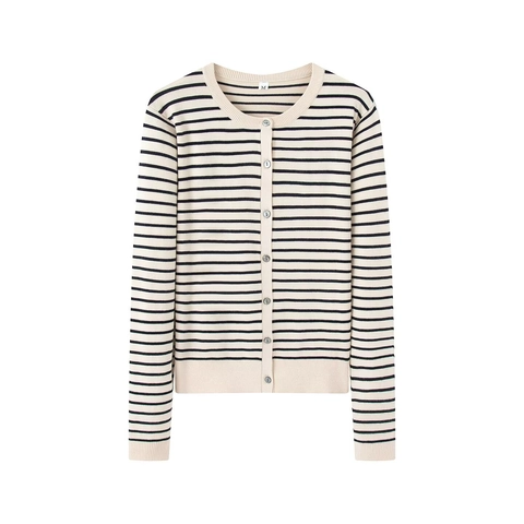 Cárdigan De Punto A Rayas Para Mujer Cuello Redondo Manga Larga Suéter Y Top Pulóver Manga Corta Poliéster Elegante