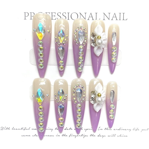 Handmade Stiletto Press On Nails With Luxury Rhinestones And 3D Flowers Purple Gradient Elegant Manicure