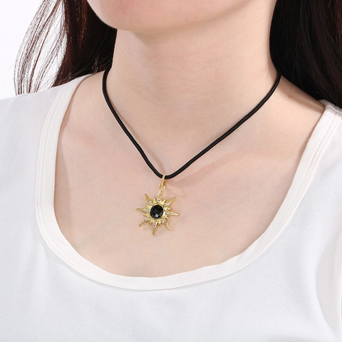 Eight Pointed Star Necklace And Earrings Stainless Steel With Black Glass And Rhinestones And Woven Rope Trendy Jewelry