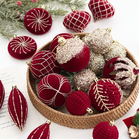 Palline Di Natale Decorazioni Albero Velluto Floccato Glitter Ornamenti Appesi Festa Casa Lusso Vintage