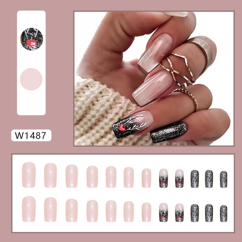 Christmas Elk Reindeer Press On Nails Plastic Medium Square Glitter Pink Black False Nails Winter Holiday Festive For Women