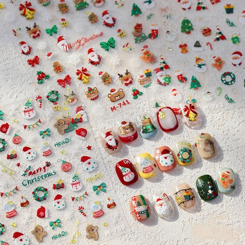 Autocollants À Ongles De Noël Gravés En 3D Auto-Adhésifs Père Noël Renne Flocons De Neige Bronzant Bonhomme De Pain D'Épices Décor