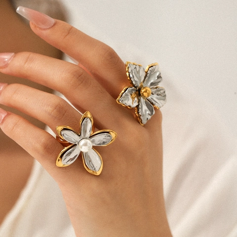 Anello Aperto Fiore Acciaio Inossidabile Colore Misto Oro Argento Con Perla Artificiale Gioielli Dichiarazione Regolabili