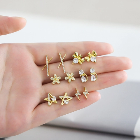 Mini Stud Earrings Gold Plated Copper With Cubic Zirconia Dainty Star Flower Cat Bee Lightning Geometric Jewelry Women