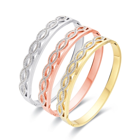 Bracelet Jonc En Acier Inoxydable Forme Infini Évidé Entrelacé Élégant Strass Pour Femmes Bijoux De Mode