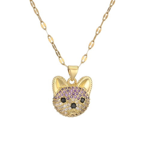 Shiba Inu Dog Head Pendant Necklace Stainless Steel Chain Colorful Zircon Inlay Hip Hop Punk Animal Jewelry For Women Men