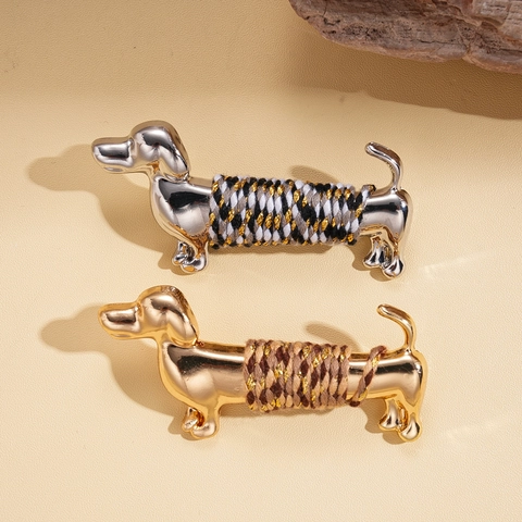 Alloy Dachshund Dog Brooch With Colorful Woven Rope Metallic Fashion Animal Pin For Women