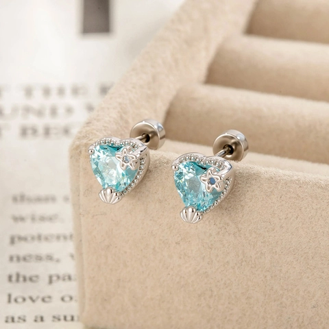 Heart Ear Cartilage Stud Blue Zircon Stainless Steel Copper Star Shell Piercing Jewelry Niche Style Unisex