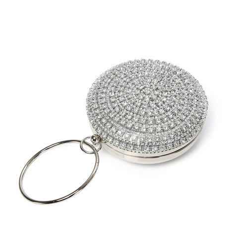 Women Luxury Round Evening Clutch Bag Rhinestone Metal Ring Handle Shiny Party Handbag Alloy Hard Shell Wedding