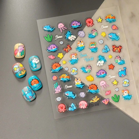 5D Geprägte Nagelkunst Aufkleber Ozean Meerestiere Cartoon Delfin Quallen Wasserdicht Selbstklebend Maniküre Dekore