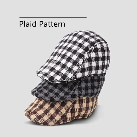 Vintage British Style Houndstooth Plaid Flat Cap Retro Polyester Cotton Beret Sunshade Newsboy Hat For Women Men Daily Travel