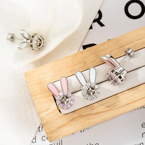 Rabbit Stud Earrings Rotatable Zircon Titanium Steel Enamel Ear Cartilage Piercing Screw Back Cute Fashion For Women