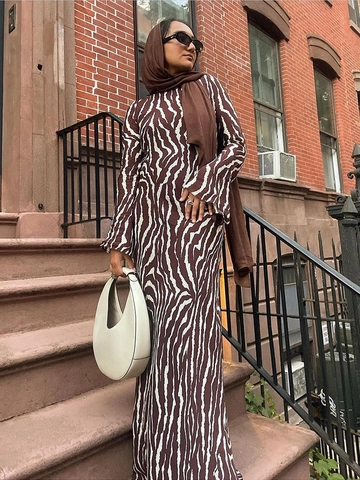 Women Long Sleeve Maxi Dress Polyester Crew Neck Printed Zebra Floral Retro Modest Urban Casual Long Dress