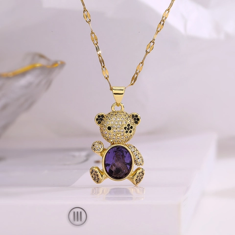 Collar Con Colgante De Oso De Peluche Cobre Chapado En Oro Con Piedra Preciosa De Color Y Circón Cúbico Brillante Joyas Animales