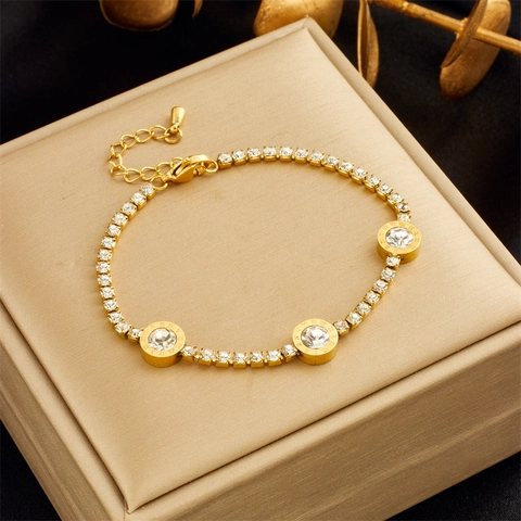 Elegante Bracciale con Numeri Romani Placcato in Oro Acciaio Inossidabile Strass Intarsiato Bracciale a Catena per Donna Gioielli