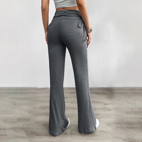 Women Flared Pants Viscose Ruched High Waist Drawstring Casual Yoga Trousers Slim Fit