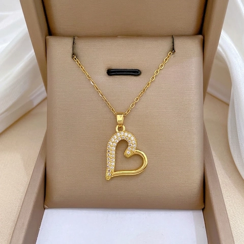 Elegante Herz Anhänger Halskette Edelstahl Kette Kupfer Pavé Zirkonia Schlüsselbein Schmuck Für Frauen