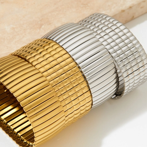 Stainless Steel Elastic Cuff Bracelet Gold Plated Chunky Snake Bone Link Stretchable Minimalist Statement Jewelry For Women