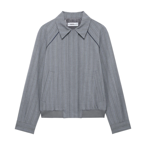 Women Striped Loose Jacket Zipper Closure Long Sleeve Preppy Style Polyester Outerwear
