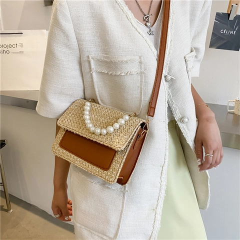 Borsa In Paglia Intrecciata Manico In Künstliche Perle Borsa A Tracolla Vacanze Estive Spiaggia Semplice Vintage Per Donne