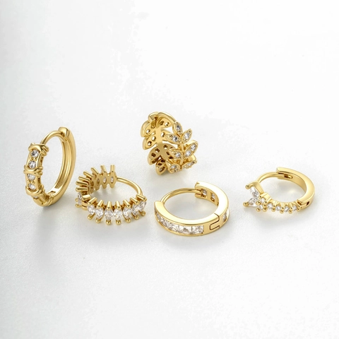 Orecchini A Cerchio Huggie Vintage Rame Zircone Micro Pave Forma Geometrica Foglia Gioielli Eleganti Da Donna