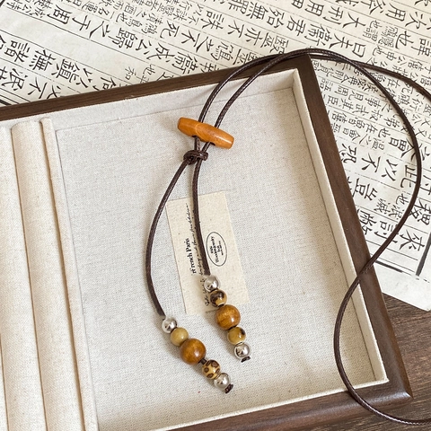 Handmade Long Pendant Necklace Wax Rope Wood Beads Metal Accents Bohemian Ethnic Style Women Accessory