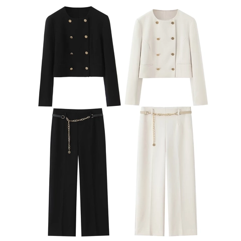 Women Elegant Cropped Double Breasted Round Neck Jacket And High Waist Wide Leg Trousers With Gold Chain Belt Office Outfit