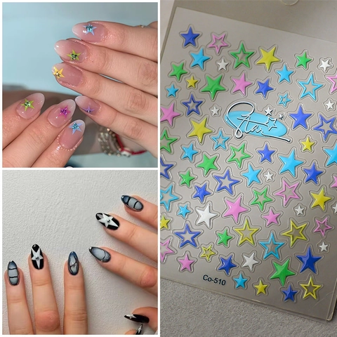 Adesivi Per Unghie A Stella In Rilievo 5D 3D Autoadesivi Impermeabili Colorati Nero Bianco Decorazione Per Manicure DIY