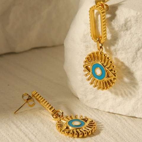 Pendientes Colgantes Ojo Turco Acero Inoxidable Chapado En Oro 18K Esmalte Aceite Azul Moda Joyas Vintage Para Mujeres