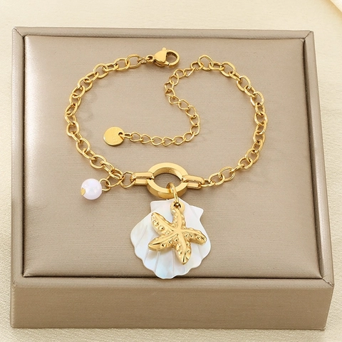 Bracciale Tema Oceano Tono Oro Acciaio Inossidabile Conchiglia Perla Artificial Stella Marina Delfino Tartaruga Ciondoli Gioielli Spiaggia Donne