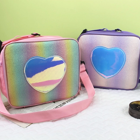 Isolierten Lunchtasche Mädchen Glitzer Regenbogen Thermos-Brotdose Mit Holografischem Herz-Patch Und Verstellbarem Schultergurt