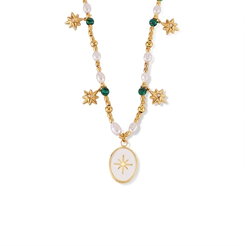 Collana In Acciaio Inossidabile Con Perle D'acqua Dolce E Malachite Ciondolo Stella A Otto Punte Smalto Ovale Per Donna