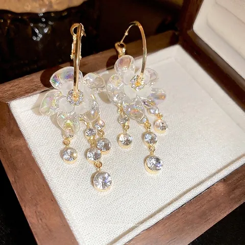 Transparente Blumen Quasten Ohrhänger Vergoldet Legierung Strass Schmuck Für Frauen Mit Silbernen Ohrsteckern
