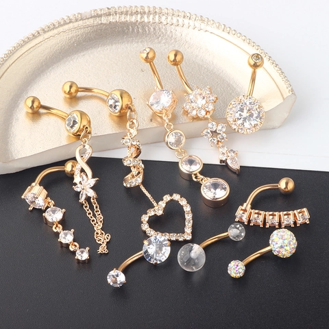 Stainless Steel Belly Button Rings With Zircon For Body Piercing Fashion Jewelry For Women Heart Star Leaf Tassel Designs