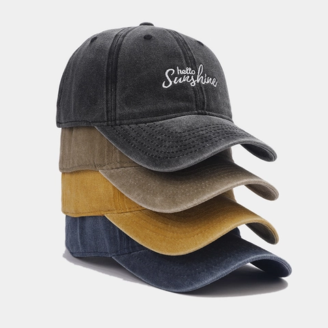 Baseball Cap Washed Cotton Distressed Hello Sunshine Embroidery Adjustable Retro Unisex Sun Hat