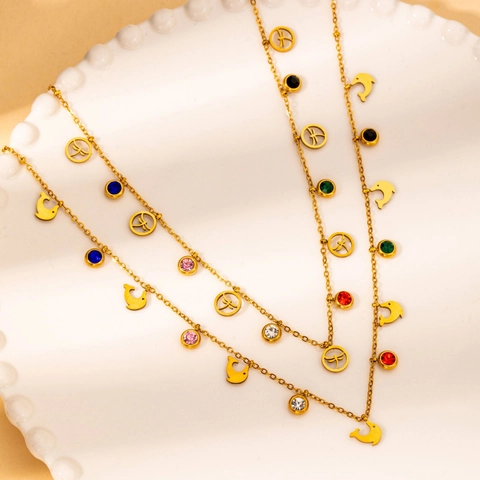 Collier Pendentif Zircon Coloré Acier Inoxydable Plaqué Or Multi Forme Papillon Cœur Étoile Lune Pour Femme Bijoux Mode